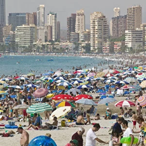 Benidorm. View of crowded beach lined with high rise hotels