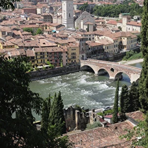 Italy, Veneto, Verona, city views from Teatro Romano of Ponte Pietra & Duomo