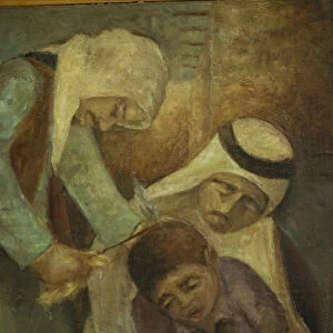 QATAR, Doha Painting of traditional medicine, a man treating a childis head with a hot p