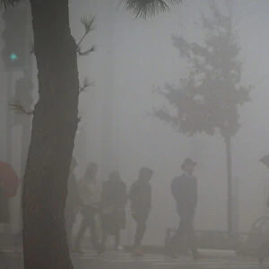 People cross the road on a pedestrian crossing during a foggy day in Jerusalem