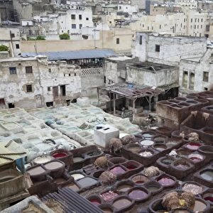 Leather tannery in city, Tanner's Quarter, Fes el Bali, Fes, Morocco, april