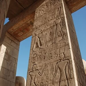 Reliefs on pillar, The Ramesseum (Mortuary Temple of Pharaoh Ramesses II), West Bank, Luxor, Egypt, january