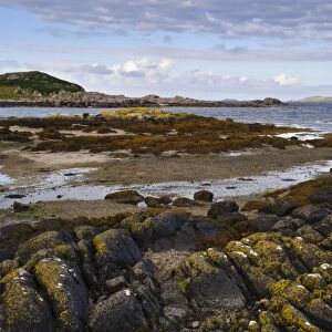 View of rocky coastline, Strait of Iona, Fidden, Isle of Mull, Inner Hebrides, Scotland, August