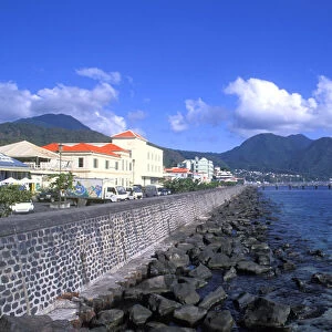 Bay front with ocean and mountains Capital City of Roseau in Dominica