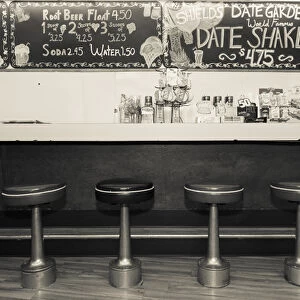 Black and white picture of diner interior, Palm Springs, California, USA