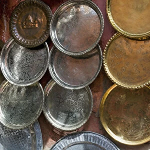 Brass plates for sale in the Souk, Marrakech (Marrakesh), Morocco, North Africa, Africa