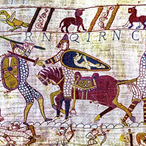 Colorful Medieval Bayeux tapestry, Bayeux, Normandy, France. Created 11th century right after Battle of Hastings 1066 AD showing Norman Conquest. Shows Battle and deaths in lower panel