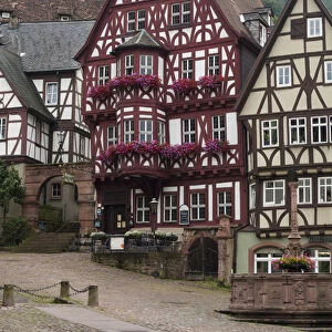 Europe, Germany, Miltenberg, half-timbered buildings, fountain