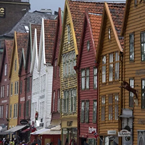 Europe, Norway, Bergen. Warehouse architecture of Bryggen, a UNESCO World Heritage Site