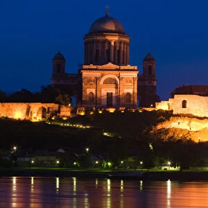 HUNGARY-DANUBE BEND-Estergom: Estergom Basilica (b. 1856) & Danube River / Evening