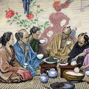 Japanese family eating. Nineteenth-century colored engraving