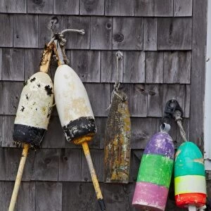 Lobster buoys on shed in Bunker Harbor, Maine, USA