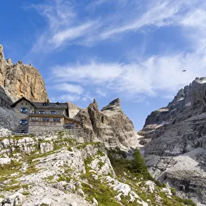 Mountain hut Rifugio Tuckett e Sella. The Brenta Dolomites, UNESCO World Heritage Site