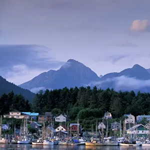NA, USA, Alaska, Sitka, Part of the Sitka fishing fleet tied up; mountains of Baranof