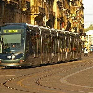 The new modern tram on the posh shopping street Cours de l Intendence in Bordeaux