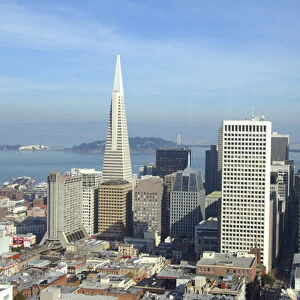 North America, USA, California, San Francisco. Old Tranamerica Building. Bay Bridge