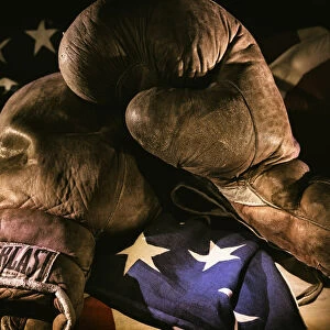 A pair of vintage boxing gloves laying on a flag carefully painted with light