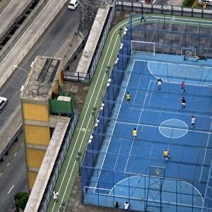 A rooftop basketball court in Sao Paulo, Brazil