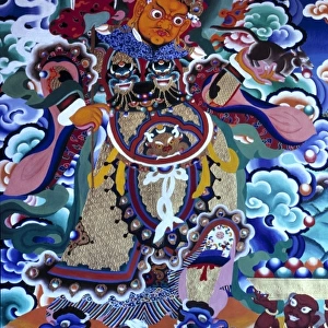 Sikkim, Gangtok. A fiercely striking painting decorates the walls of Rumtek Monastery