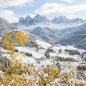 Winter snow, St. Magdalena village, Geisler Spitzen (3060m), Val di Funes, Dolomites mountains