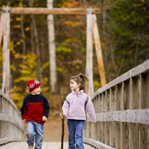 A young brother and sister (ages 4 and 6) hike on a suspension bridge in New Hampshire s