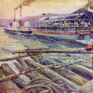 Steamboat passing a raft on a river