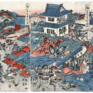 (1294-1336). Japanese samurai warrior. Masashige defending the fortress of Akasaka, in the mountains of the Kii peninsula in Japan. Woodblock print by Shunko Katsukawa, early 19th century