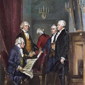 (1732-1799). First President of the United States. George Washington and his Cabinet. Left to right: Henry Knox, Thomas Jefferson, Edmund Randolph, Alexander Hamilton, and Washington. Steel engraving, 1858