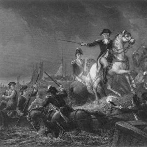 (1732-1799). General George Washington directing the retreat to New York, August 30, 1776, at the Battle of Long Island. Line engraving, American, 19th century