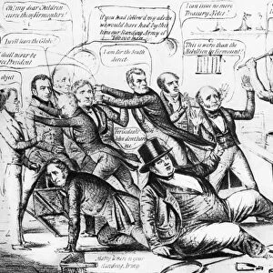 (1773-1841). Ninth President of the United States. Clar de Kitchen. American lithograph cartoon, 1840, depicting the expulsion from the White House of Martin Van Buren and other prominent Democrats by the victorious William Henry Harrison
