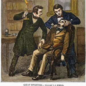 (1819-1868). American dentist. Dr. Morton successfully performing a tooth extraction under ether anesthetic on 30 September 1846, in Boston, Massachuesetts. Wood engraving, 19th century