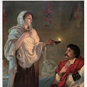 (1820-1910). English nurse. Lady with the Lamp (Miss Nightingale at Scutari, 1854), checking on wounded soldiers during the Crimean War, 1854-1856. Chromolithograph, English, after a painting by Henrietta Rae (1859-1928)