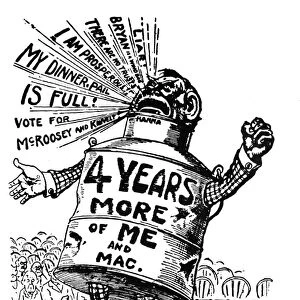 (1837-1904). American businessman and politician. An American newspaper cartoon published during the 1900 Presidential campaign that shows Hanna as a roaring dinner pail, a reference to the Republican slogan