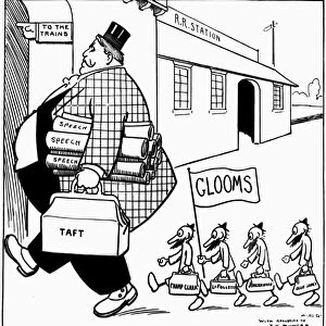 (1857-1930). 27th President of the United States. They re Off! Cartoon showing President Taft heading to a railroad station, followed by four small men under a sign reading Glooms, identified as Champ Clark, Robert La Follette, Oscar Underwood and Ollie James, 1911