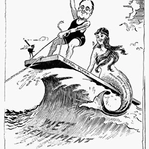 (1882-1945). 32nd President of the United States. Cartoon of Roosevelt riding the repeal of Prohibition plank to the Presidency. Drawing, 1932, by Fred O. Seibel