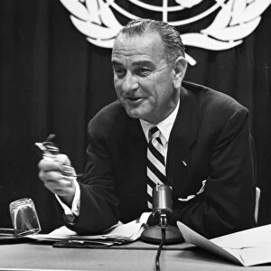 (1908-1973). 36th President of the United States. Johnson while a U. S. Senator in 1958 at a United Nations press conference on the peaceful use of outer space