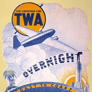 A 1934 Trans-World Airlines poster introducing the new Douglas DC-2 on transcontinental routes