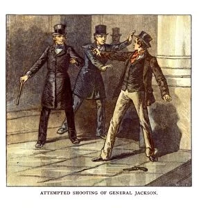 7th President of the United States. The attempted assassination of President Andrew Jackson by Richard Lawrence on the steps of the Capitol, January 30, 1835: wood engraving, 19th century