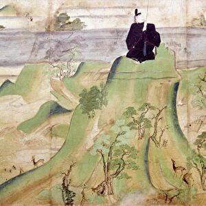 (845-903). Japanese scholar, poet, and politician of the Heian period. Having been banished, Michizane holds a bamboo stick bearing false charges against him atop Mt. Tempai-san. Detail of a scroll, c1219