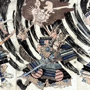 (944-1021). Known as Minamoto no Raiko. Japanese warrior. Three panels showing Raiko fighting Shutendoji, the Oe Mountain demon, with the help of four hand-picked warriors. Japanese woodcut, early 19th century