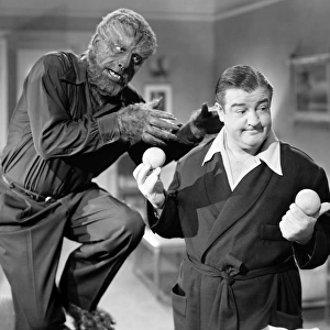 ABBOTT AND COSTELLO. The Wolf Man (Lon Chaney, Jr. ) goes after Wilbur (Lou Costello) in Abbott and Costello Meet Frankenstein, 1948