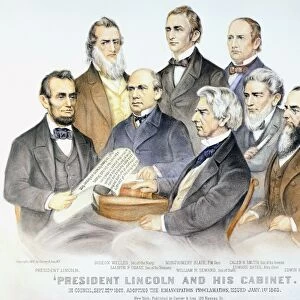 ABRAHAM LINCOLNs CABINET. President Lincoln and his cabinet in council on 22 September 1862, adopting the Emancipation Proclamation, issued 1 January 1863. Lithograph by Currier & Ives, 1876