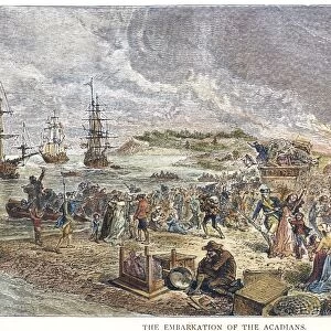 ACADIAN EXPULSION, 1755. The removal of the Acadians from Nova Scotia by the British in 1755. Color engraving, 19th century