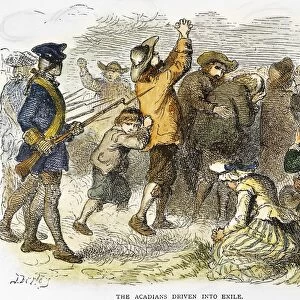 ACADIAN EXPULSION, 1775. The Acadians driven into exile. The expulsion of the French settlers of Acadia, Canada, by the British in 1755. Color engraving, 19th century