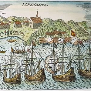 ACAPULCO, 1620. Spanish ships in the Pacific port of Acapulco, Mexico: German engraving, 1620