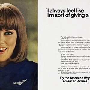 AD: AMERICAN AIRLINES, 1968. Advertisement for American Airlines featuring a flight attendant, 1968