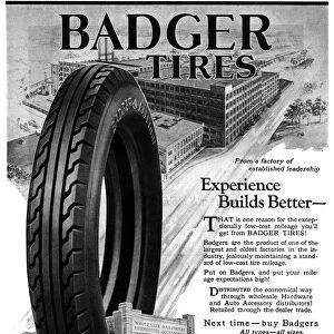 AD: BADGER TIRES, 1927. American advertisement for Badger Tires, 1927