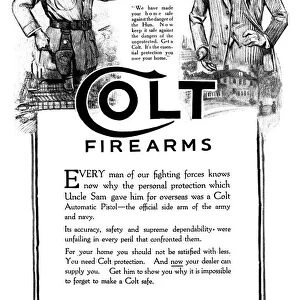 AD: COLT FIREARMS, 1919. American advertisement for Colt Firearms, 1919