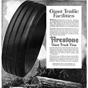 AD: FIRESTONE, 1918. American advertisement for Firestone Giant Truck Tires. Illustration