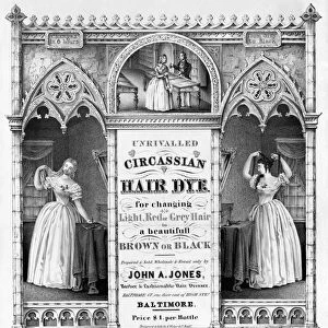 AD: HAIR DYE, c1843. Advertisement for Circassian Hair Dye. Lithograph, c1843